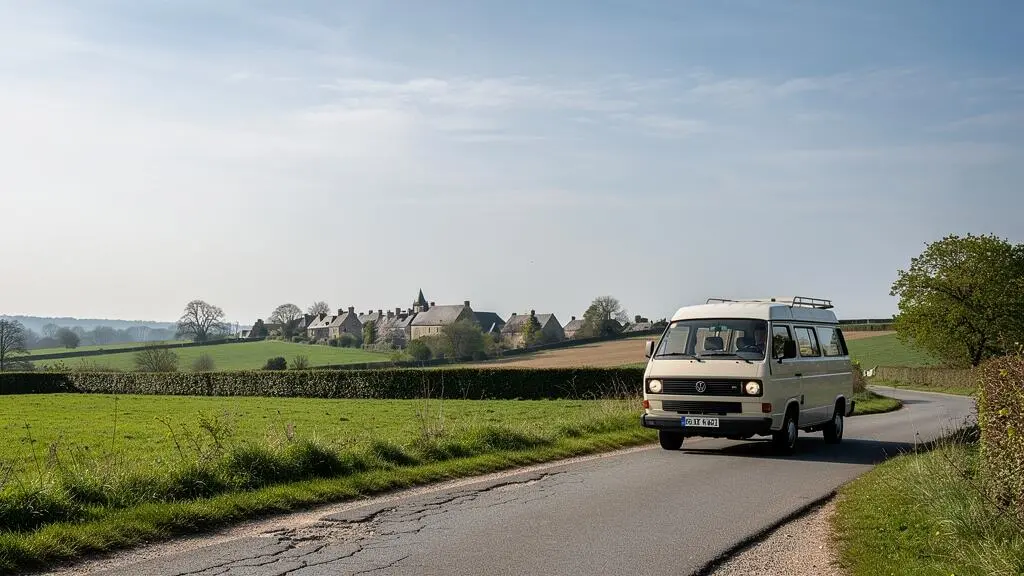 Un van aménagé circule sur une route de campagne française bordée de champs et de haies, avec un village au loin.