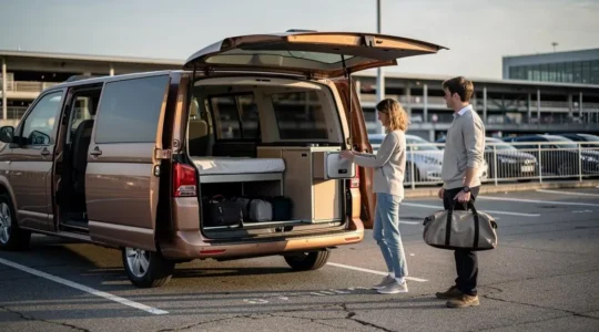 Un couple charge ses sacs de voyage dans un campervan aménagé stationné sur un parking à proximité de l'aéroport de Roissy-CDG.