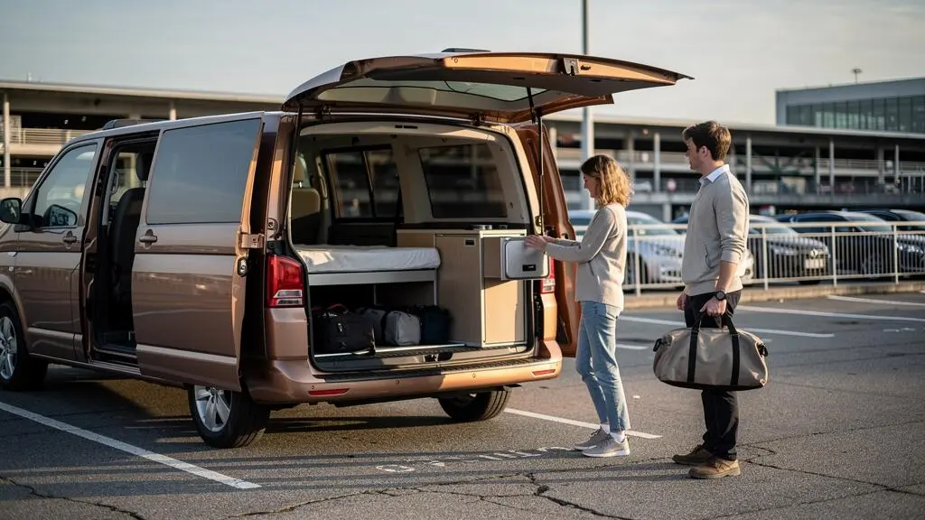 Un couple charge ses sacs de voyage dans un campervan aménagé stationné sur un parking à proximité de l'aéroport de Roissy-CDG.